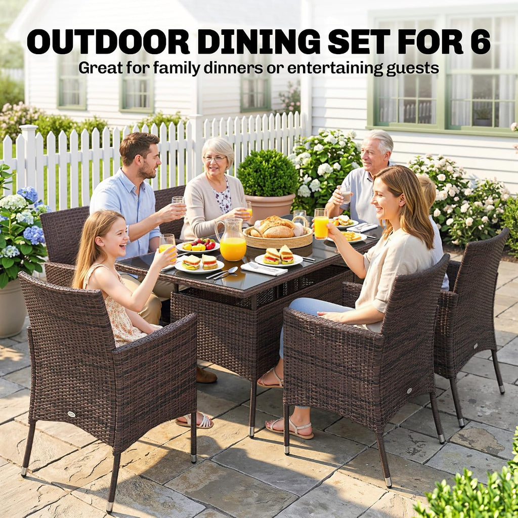 Rattan Garden Furniture Dining Set 6-seater Patio Rectangular Table Cube Chairs Outdoor Fire Retardant Sponge Brown