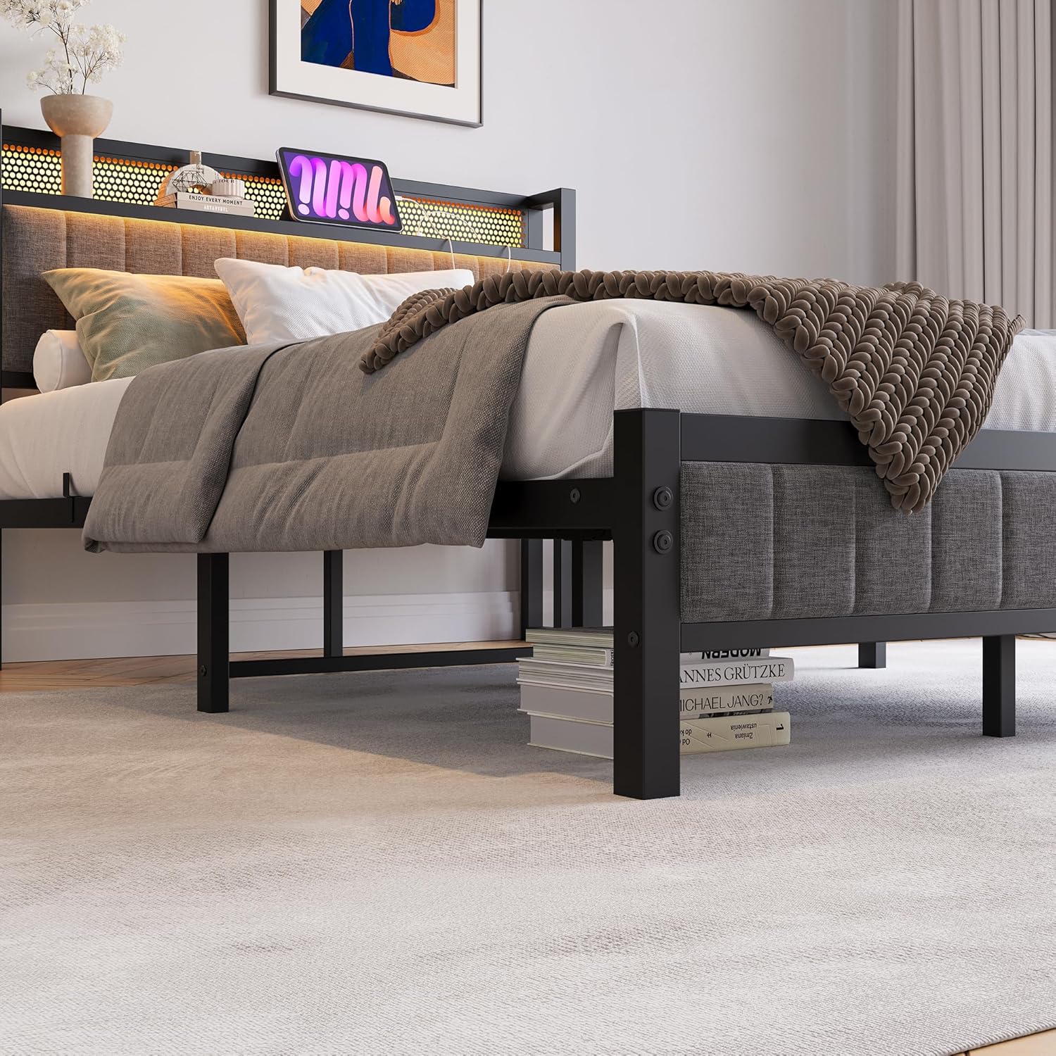 Double Bed Frame with Wooden Storage Headboard,Charging Station,LED Lights,Metal Platform Upholstered Bed Frame Double Bed with Strong Metal Slats No Box Spring Needed,Under Bed Storage,Grey