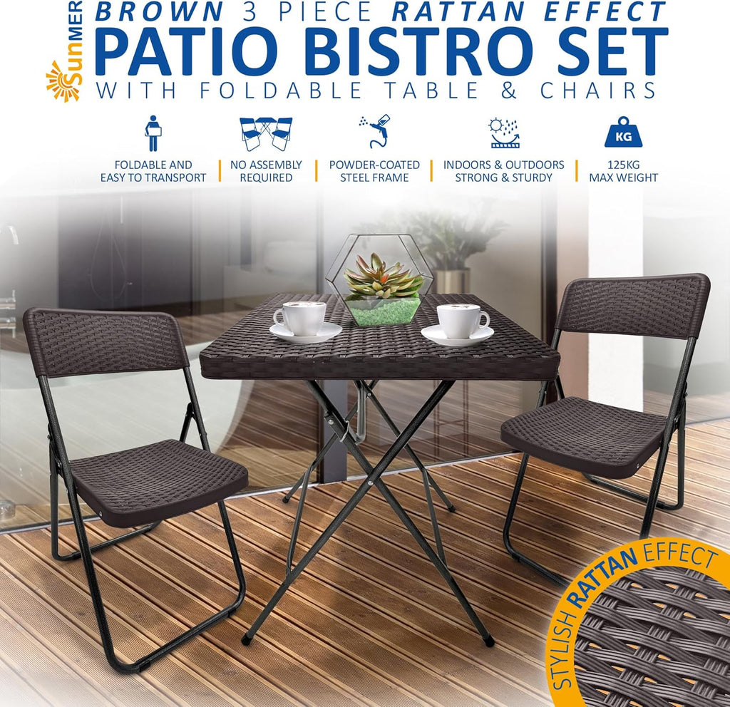 Patio Bistro Garden Furniture Set - 3 Piece Rattan Effect Folding Table and Chairs - Heavy Duty Capacity