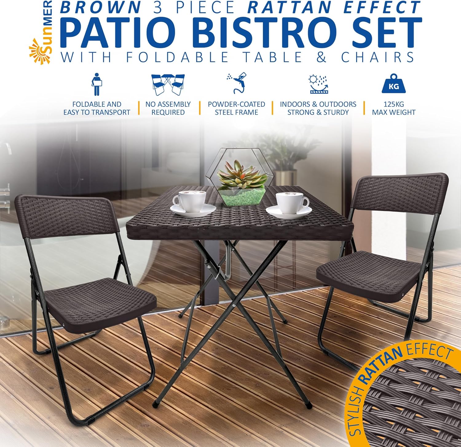 Patio Bistro Garden Furniture Set - 3 Piece Rattan Effect Folding Table and Chairs - Heavy Duty Capacity