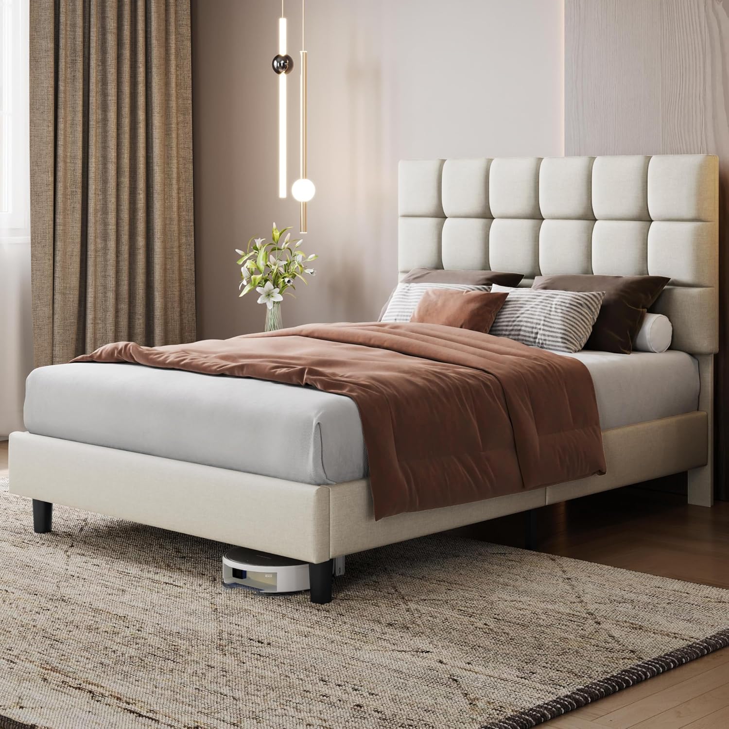 Double Bed Frame Upholstered Platform Bed with Adjustable Square Tufted Headboard/Linen Fabric/Sturdy Wooden Slat Support/No Box Spring Needed