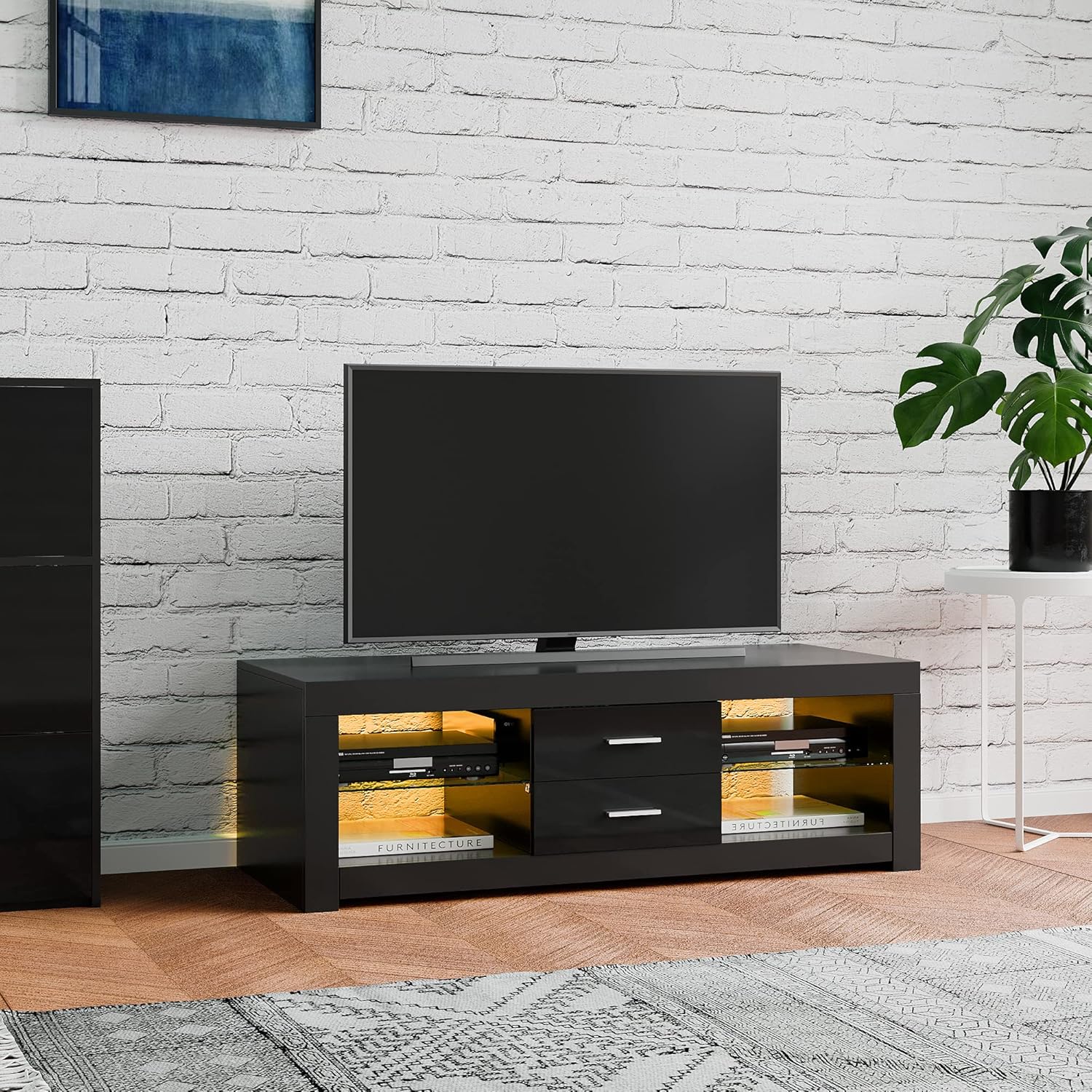 TV Stand Cabinet 2 Drawer 2 Glass Shelves LED Lighted TV Console Unit for 22"-55" Flat Screen 4k TVs (black)