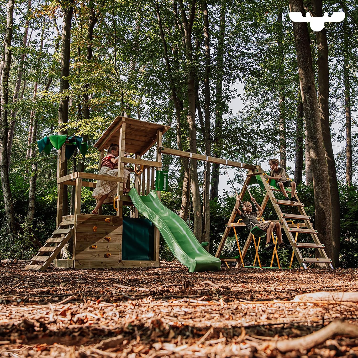 Wooden Climbing Frame FruityForest Fun XXL with Swing Set &amp; Apple Green Slide
